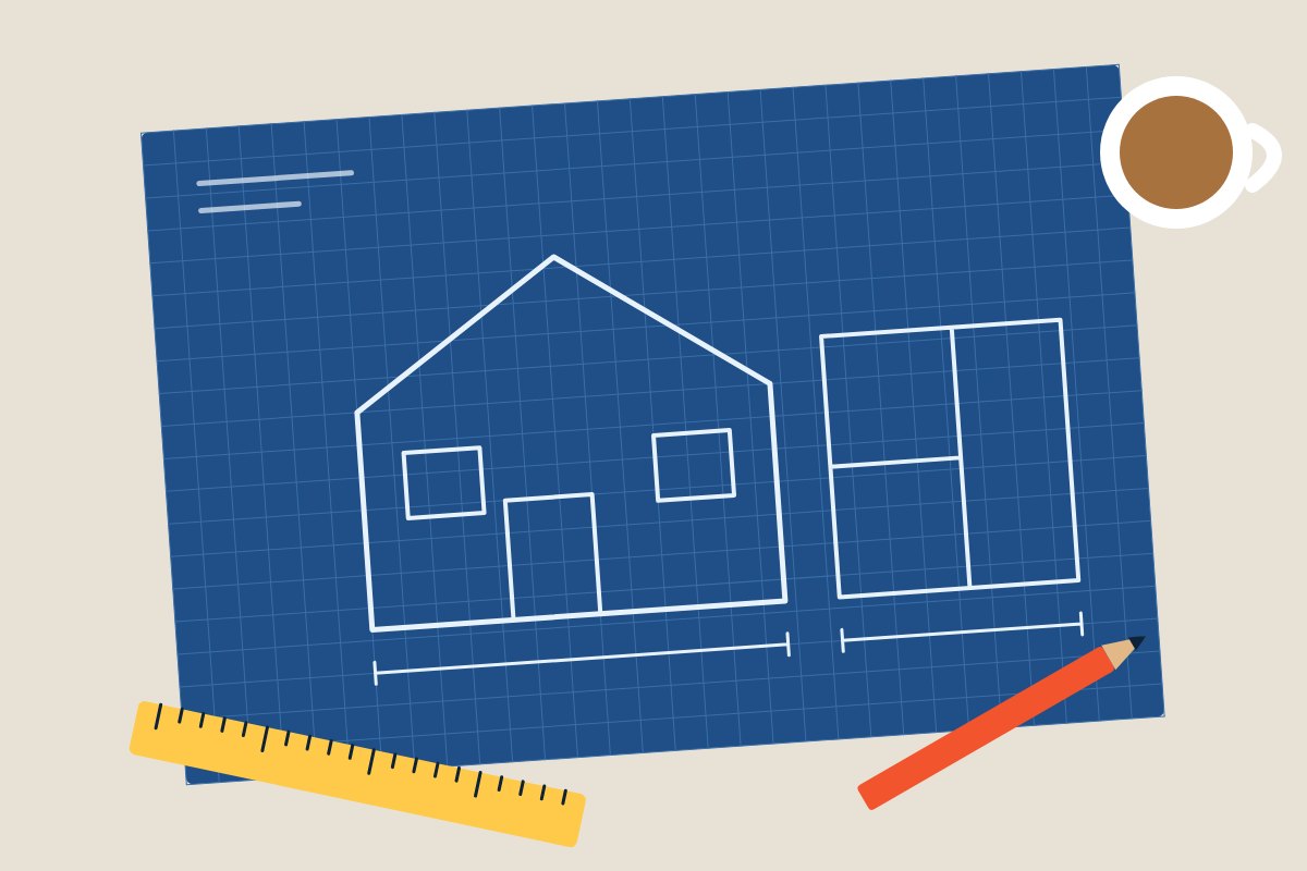 Blueprint of a house with a ruler and pencil