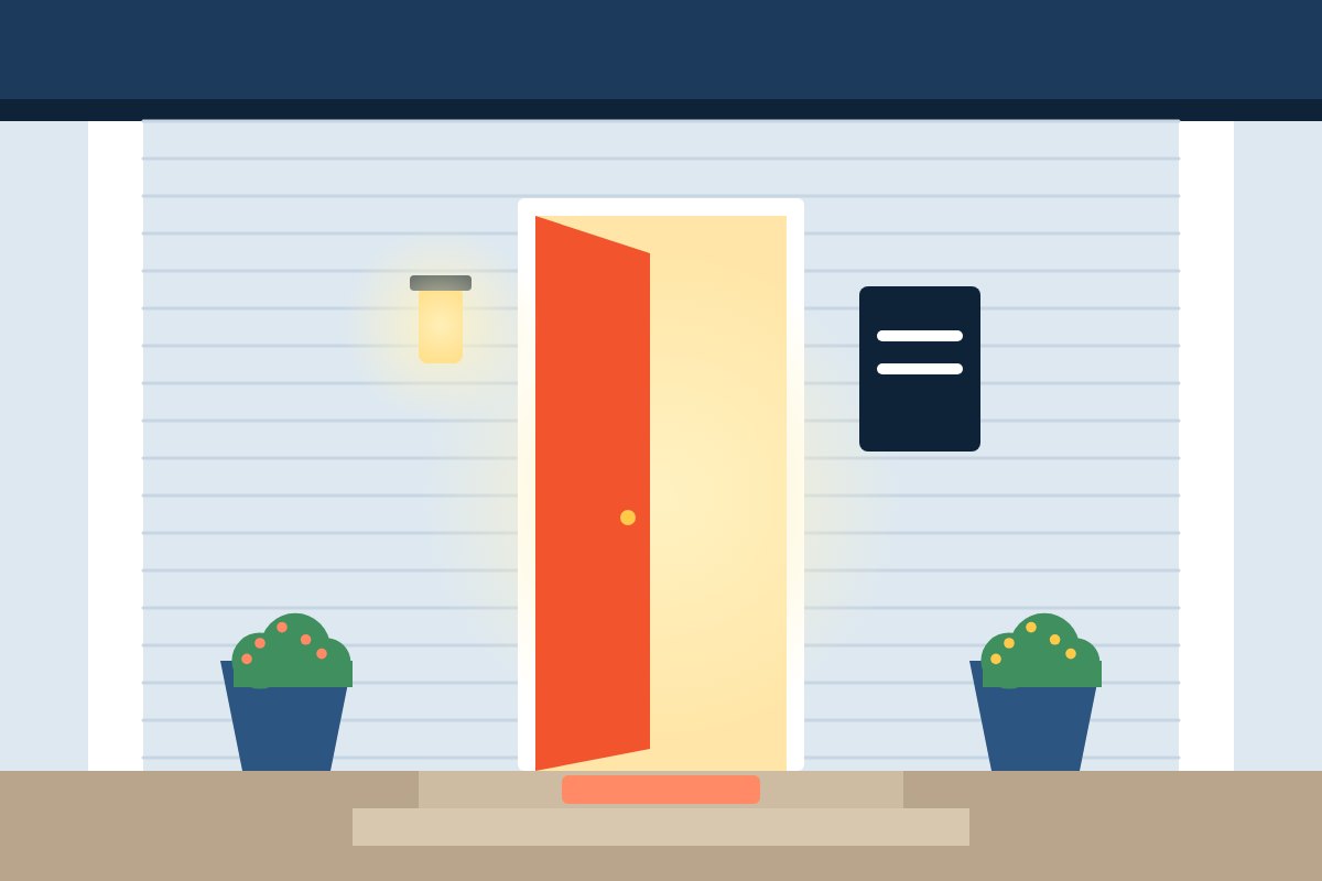 Welcoming front porch with an open door