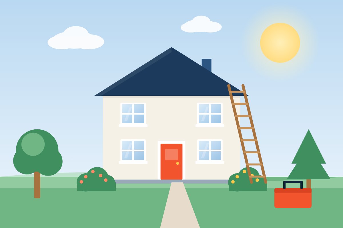 Family home with a ladder and toolbox ready for repairs