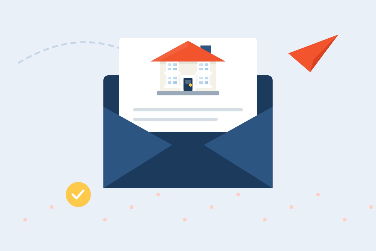 Envelope holding a newsletter with a house illustration